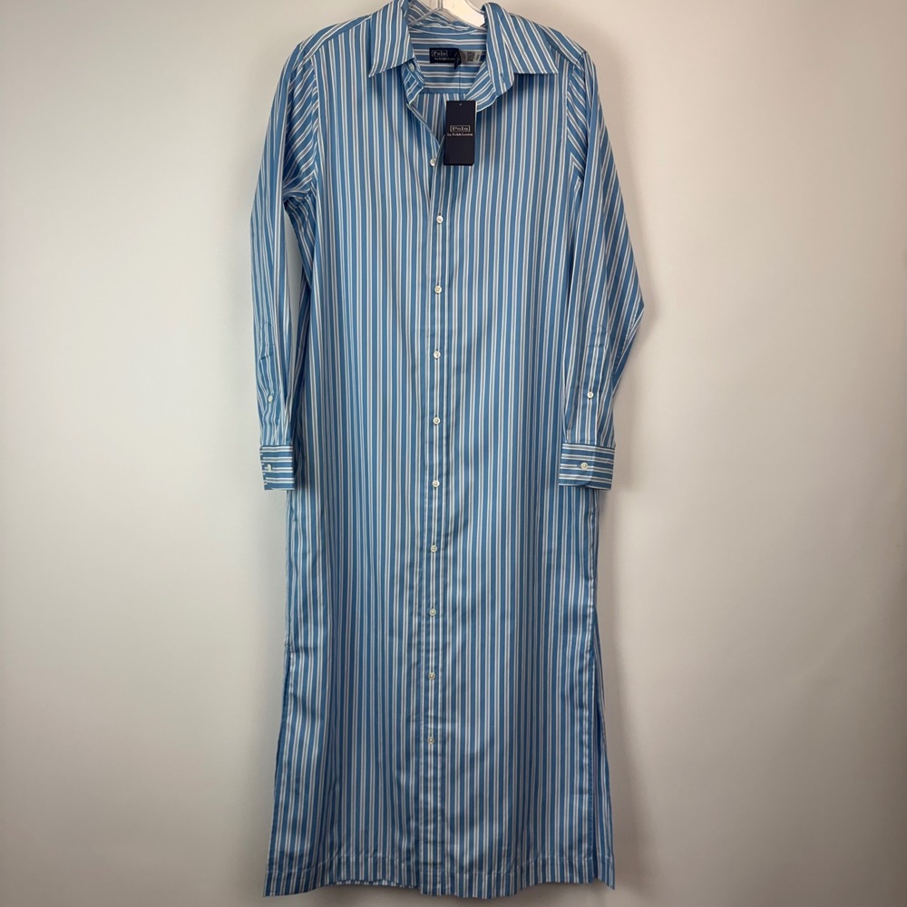 Polo Ralph Lauren Blue White Striped Cotton Maxi Shirt Dress NWT Size 2